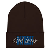 God Loves Detroit Beanie Winter Hat - Blue Text